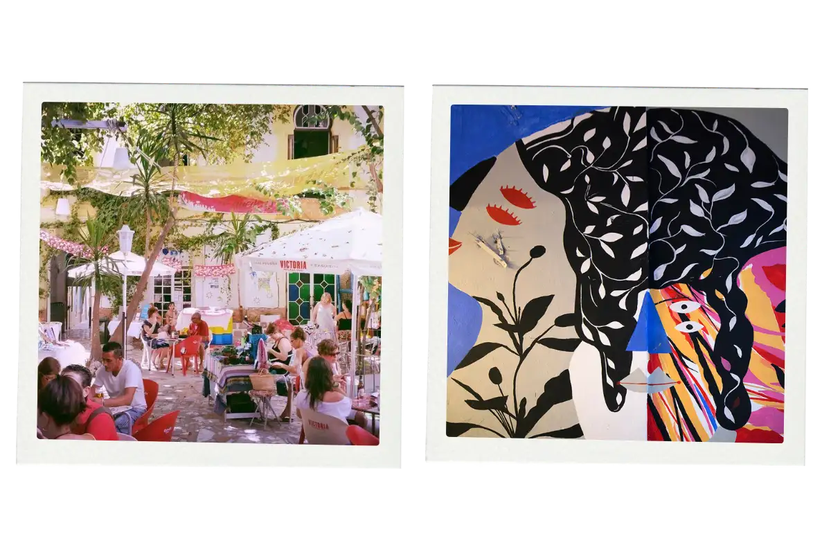 People sitting in a tree-lined courtyard at Casa Invisible Málaga