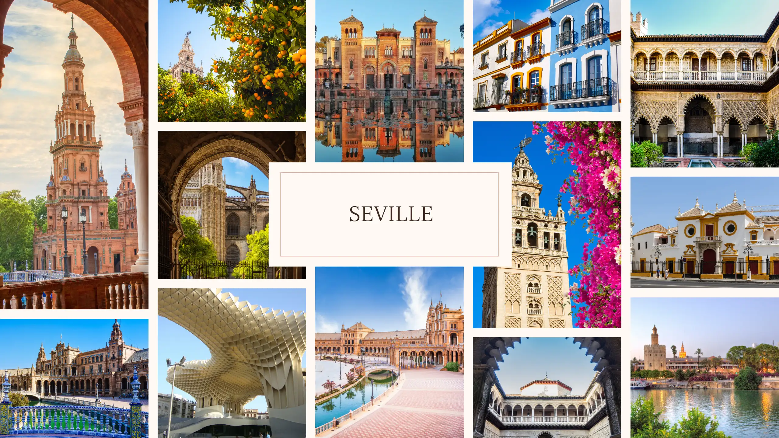 Seville landmarks collage including Las Setas, the Alcázar, and Plaza de España