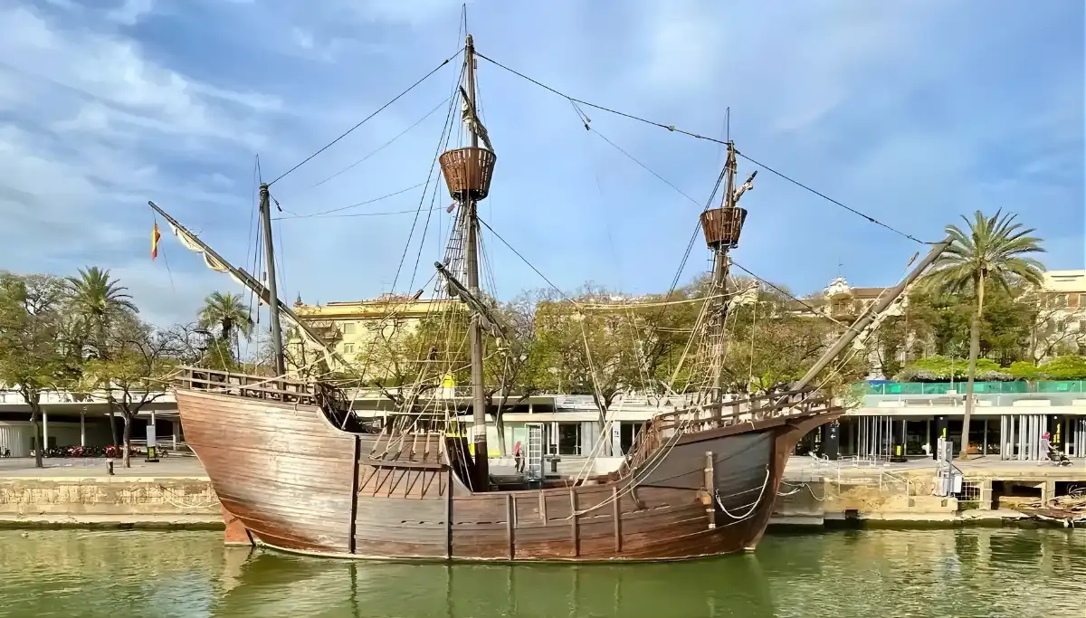 Replica tall ship moored on the Guadalquivir River in Seville