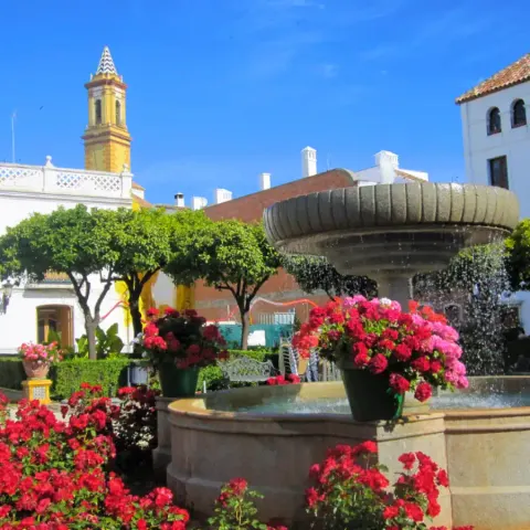 Fountain and geraniums in Estepona old town