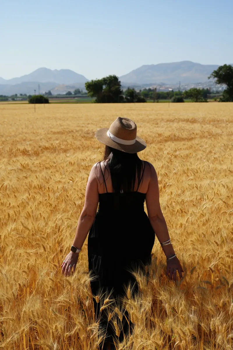 Heidi in a straw hat with her hands on the wheat in a golden field near Antequera, mountains behind