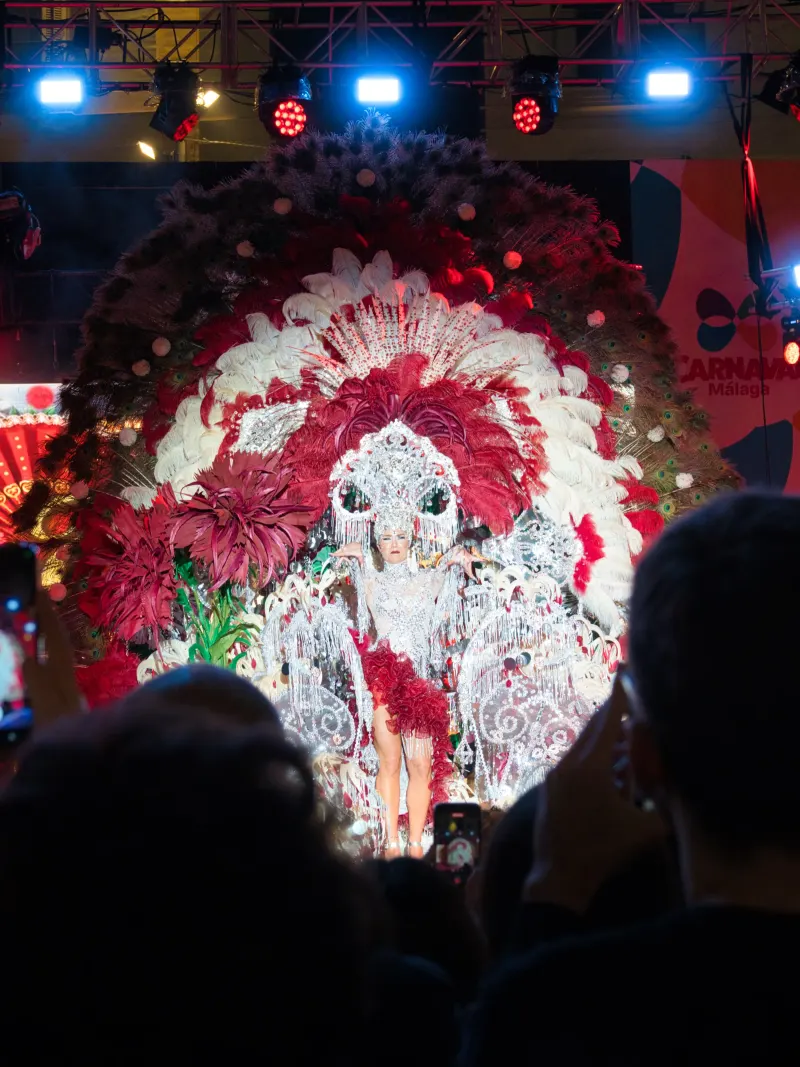 Costumed performer in a red feather headdress during Málaga Carnival in February