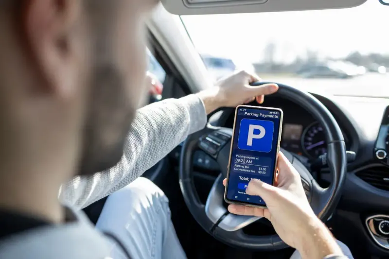 Driver using a parking payment app on their phone while parked in Malaga