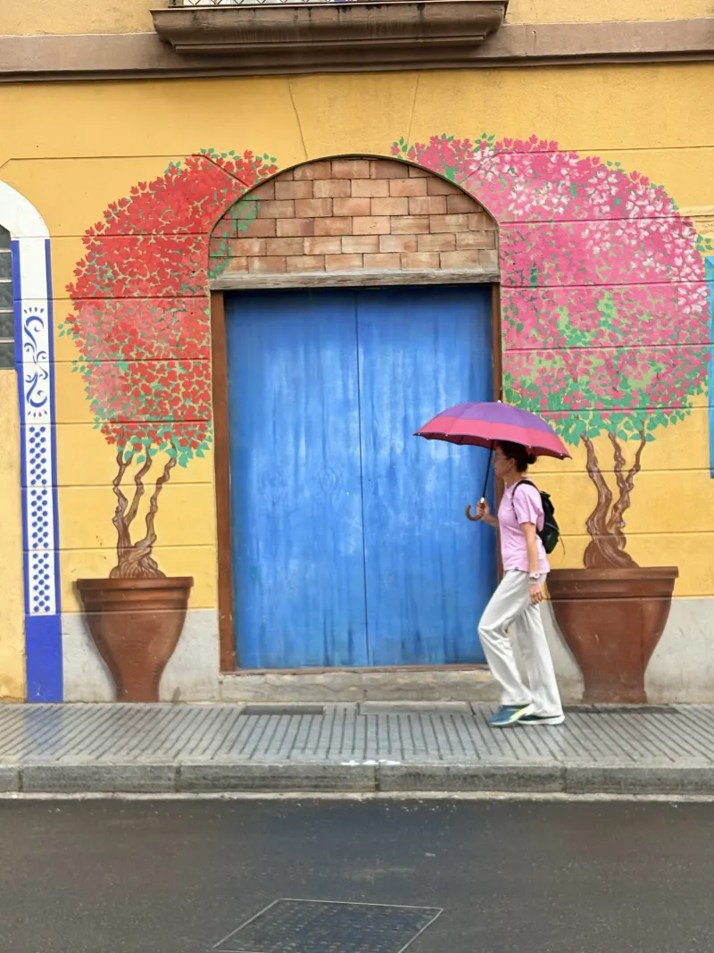 Woman walking with an umbrella past a painted flower mural and blue door in Malaga