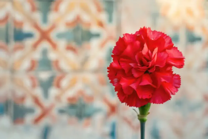 Red carnation against a decorative Spanish tile background