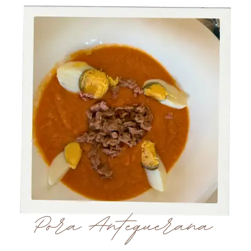 A bowl of soup called Porra Antequerana featuring tuna and eggs.