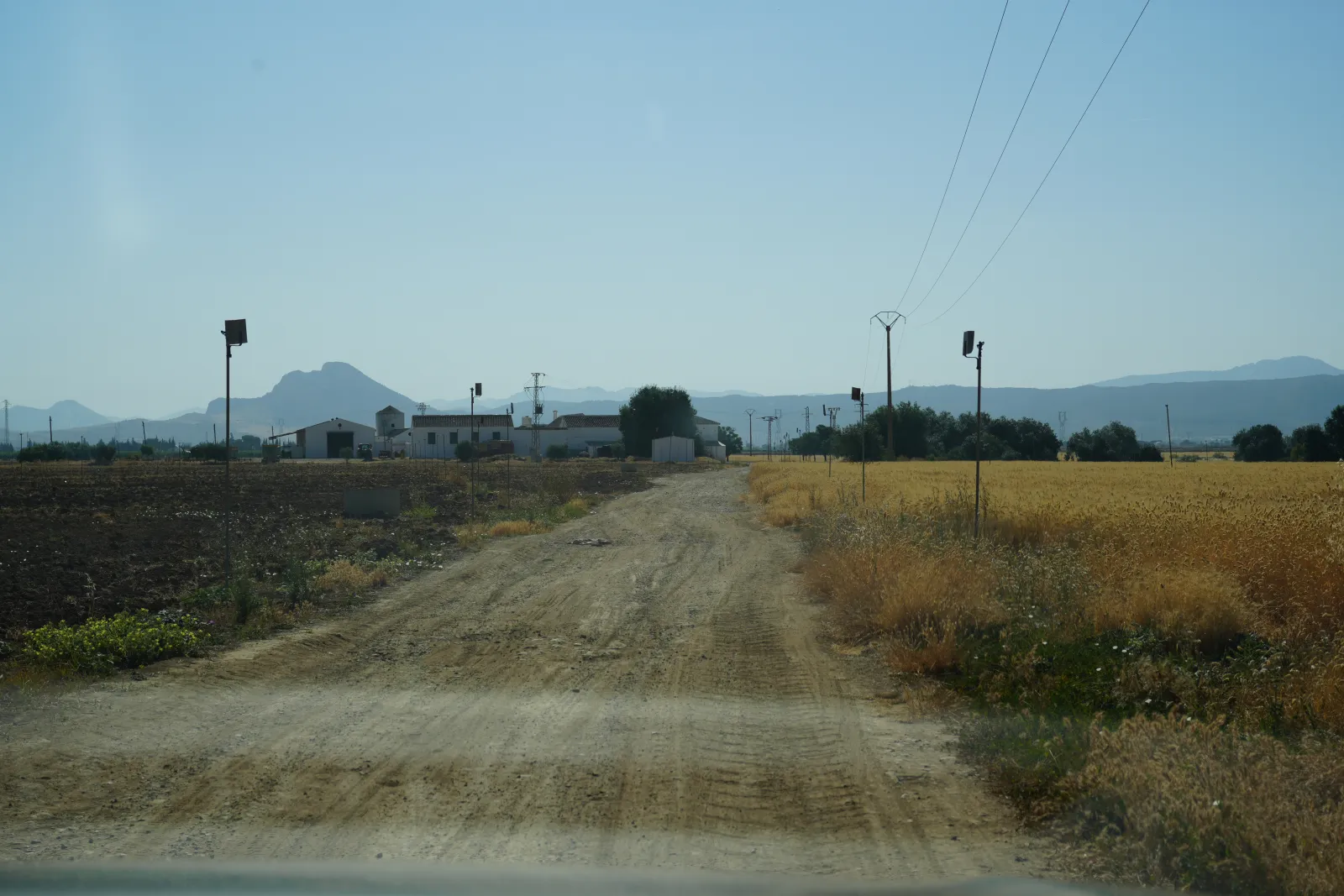 A dirt track through grain fields with Peña de los Enamorados (Lovers' Rock) in the distance near Antequera