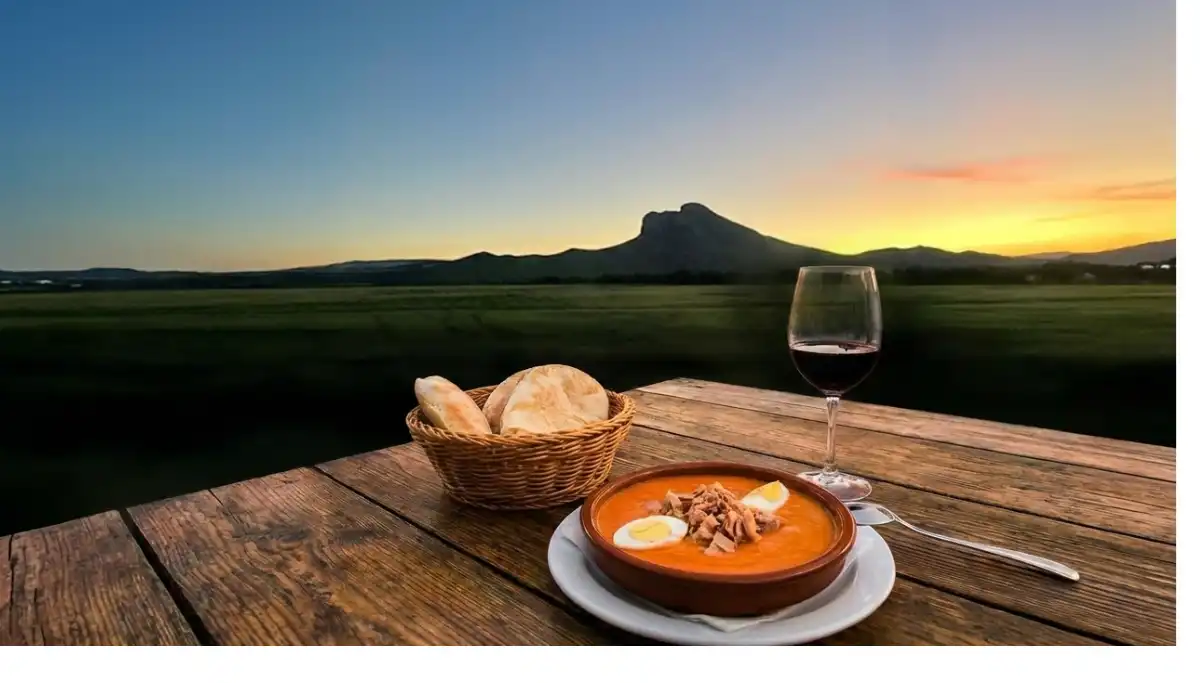 Bowl of porra antequerana soup with bread and red wine, with the Peña de los Enamorados rock in the background