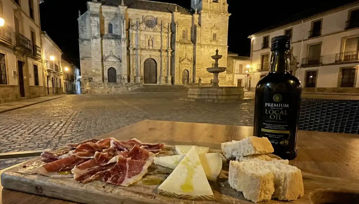 Charcuterie board with jamón, cheese and olive oil in front of Baeza Cathedral at night