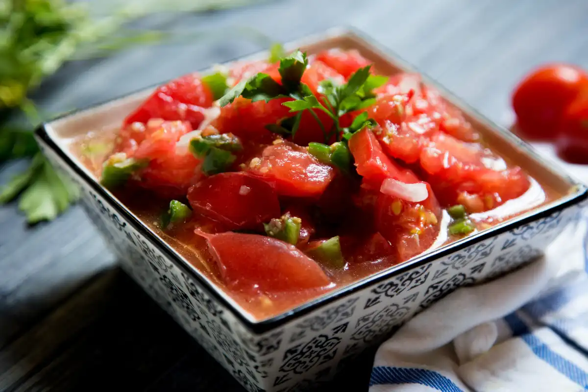 Pipirrana, a traditional Jaén chopped salad with tomatoes, peppers and local olive oil