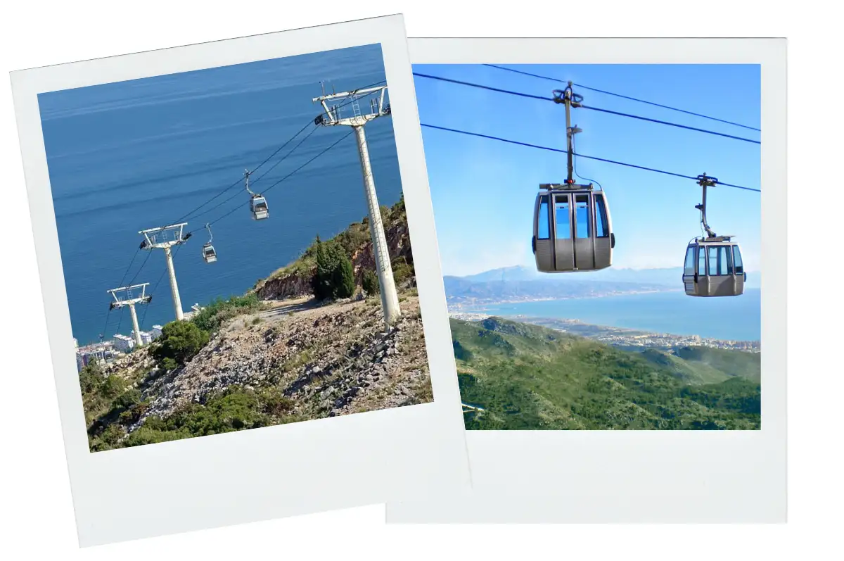 Cable cars hovering over cliffs with a blue sky background in Benalmadena.