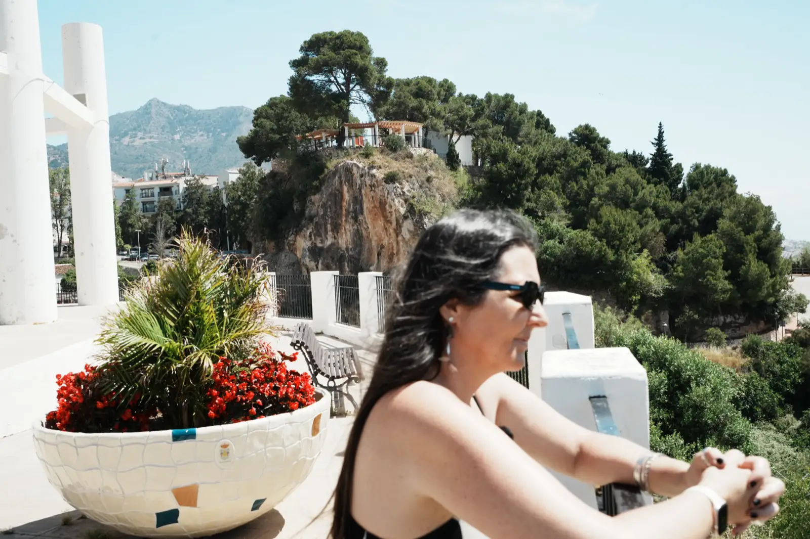 Heidi at the Recinto Ferial lookout point with the Jardines del Muro visible behind, Benalmadena Pueblo