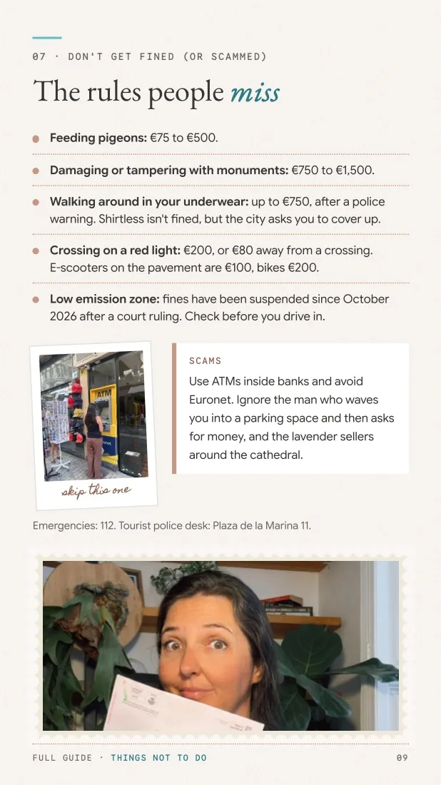 Cheat sheet page listing the fines visitors get caught out by in Málaga