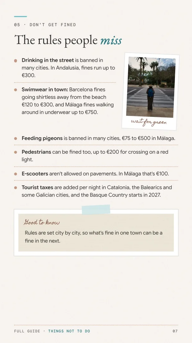 Cheat sheet page on the rules and fines visitors miss in Spain