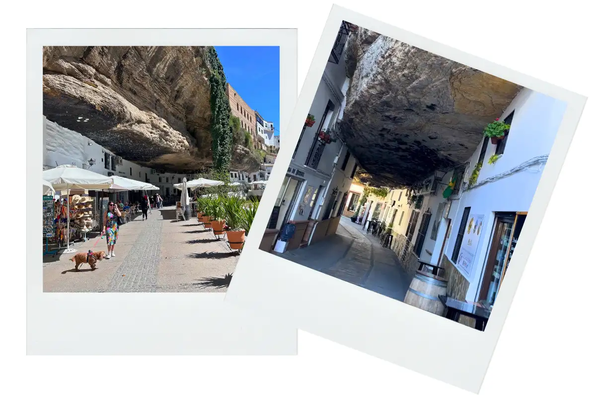 A lady walking her dogs in the street with an overhanging cave in Setenil de Las Bodegas.