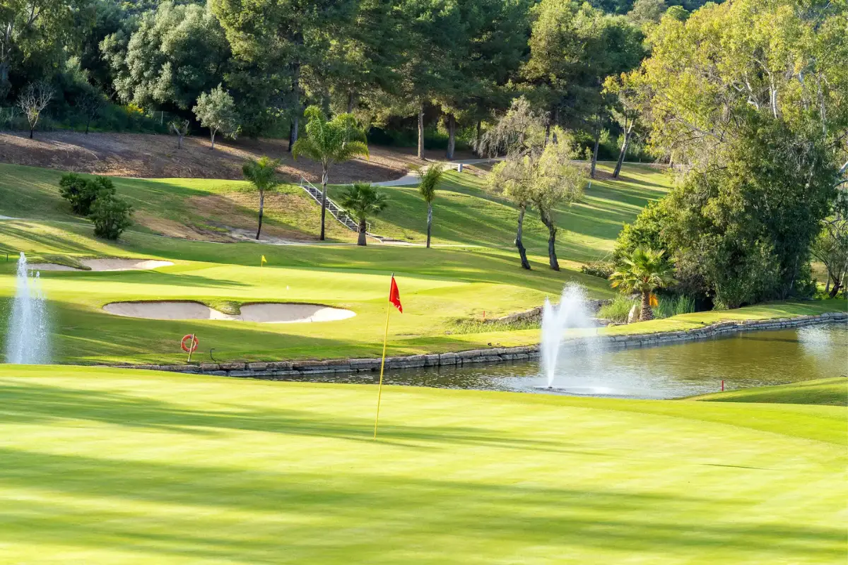 green grass on a golf course with a single flag and some water features.