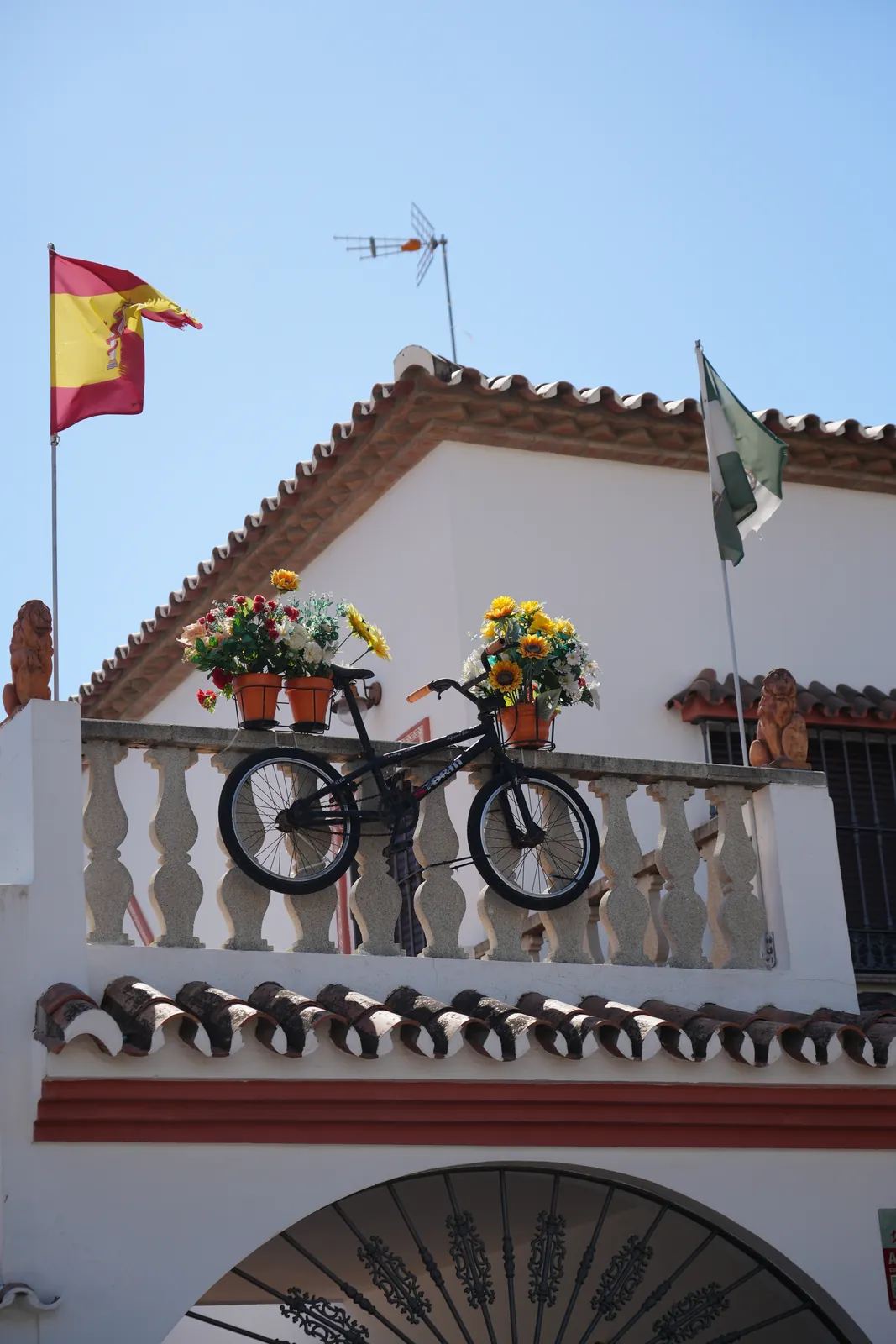 A bicycle decorated with flower baskets mounted on a balcony railing, Spanish and Andalusian flags flying above, in Estepona's old town