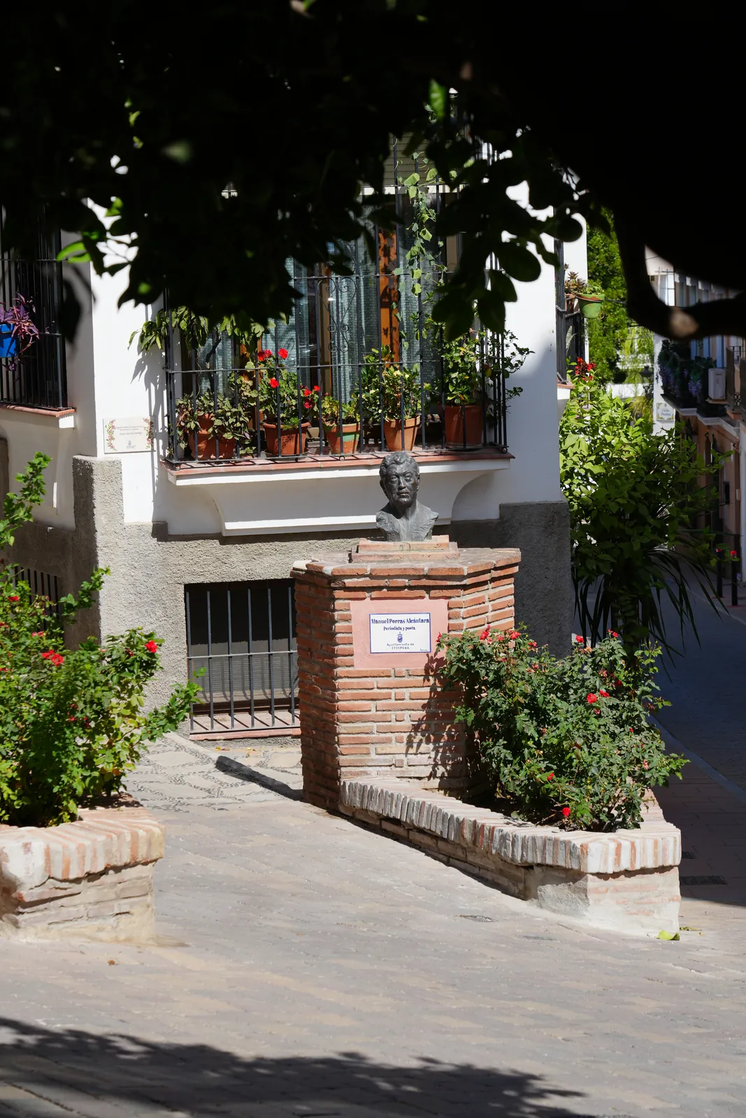 Bronze bust of poet and journalist Manuel Porras Alcántara (Manuel Alcántara) on a brick pillar surrounded by roses in Plaza Manuel Alcántara, Estepona