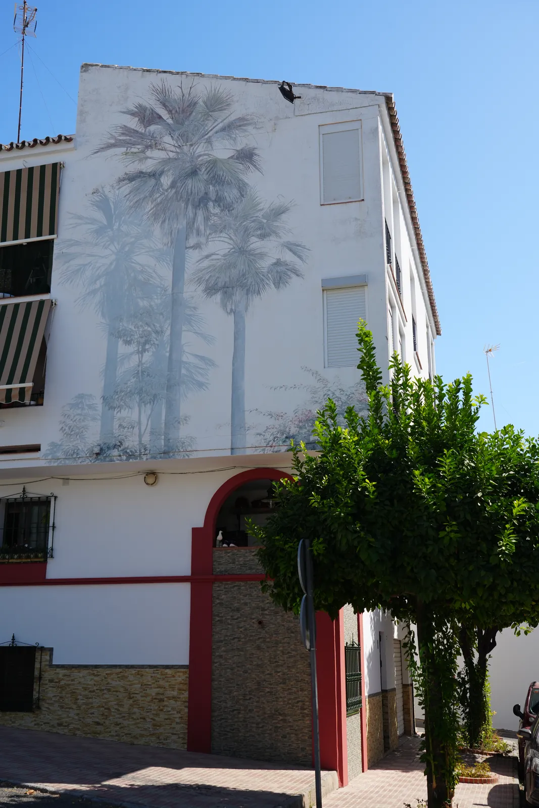 Monochrome grey palm tree mural on a corner building in Estepona