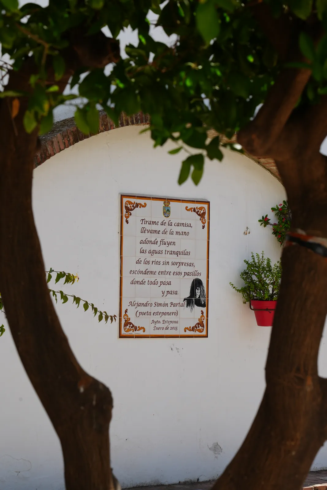Ceramic poetry tile on a whitewashed wall framed by orange tree branches in Estepona