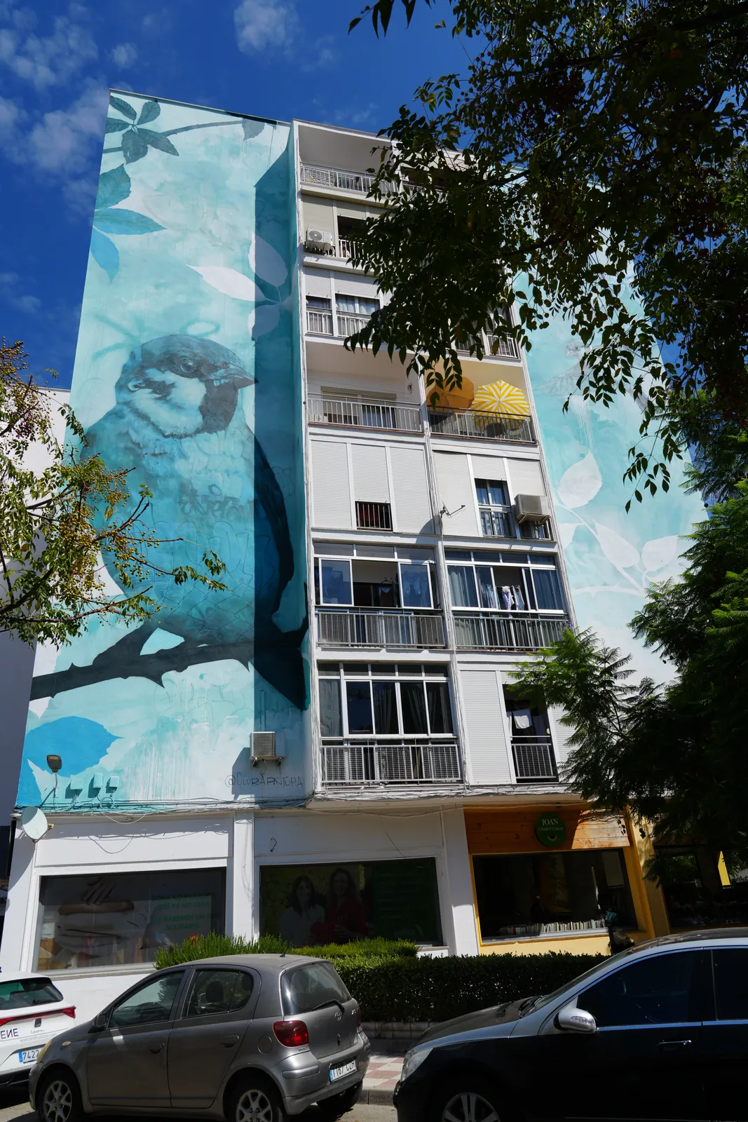 Blue-toned mural of a sparrow on the side of an apartment block in Estepona