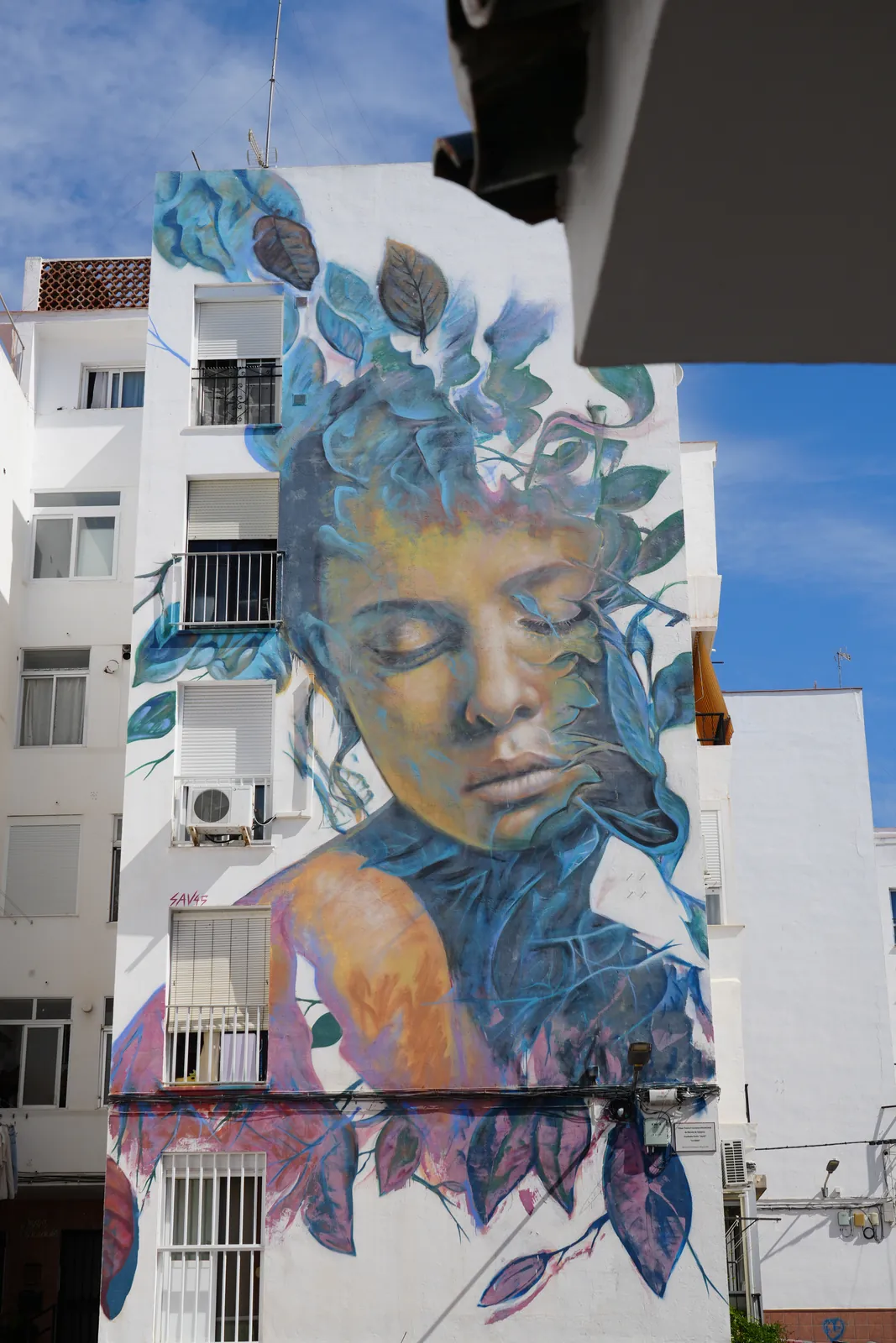 Woman's face dissolving into leaves mural signed SAV45 in Estepona