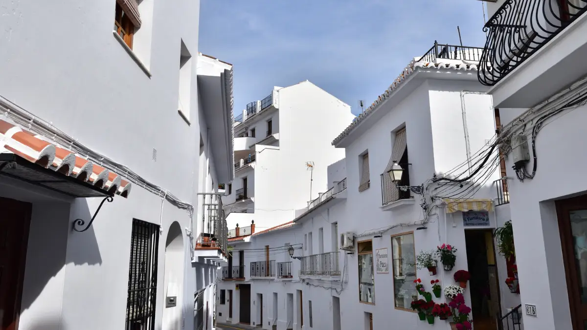 Narrow whitewashed street with flower pots in Frigiliana village