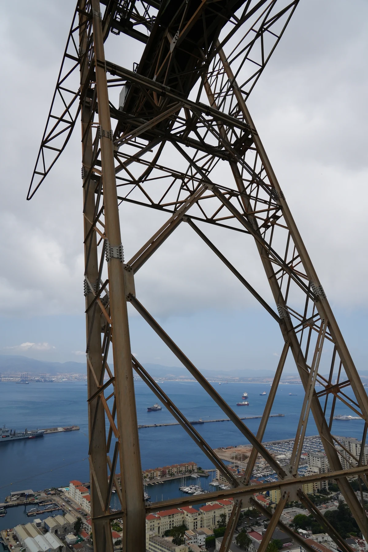 Empty Gibraltar cable car pylon above the bay with the system closed