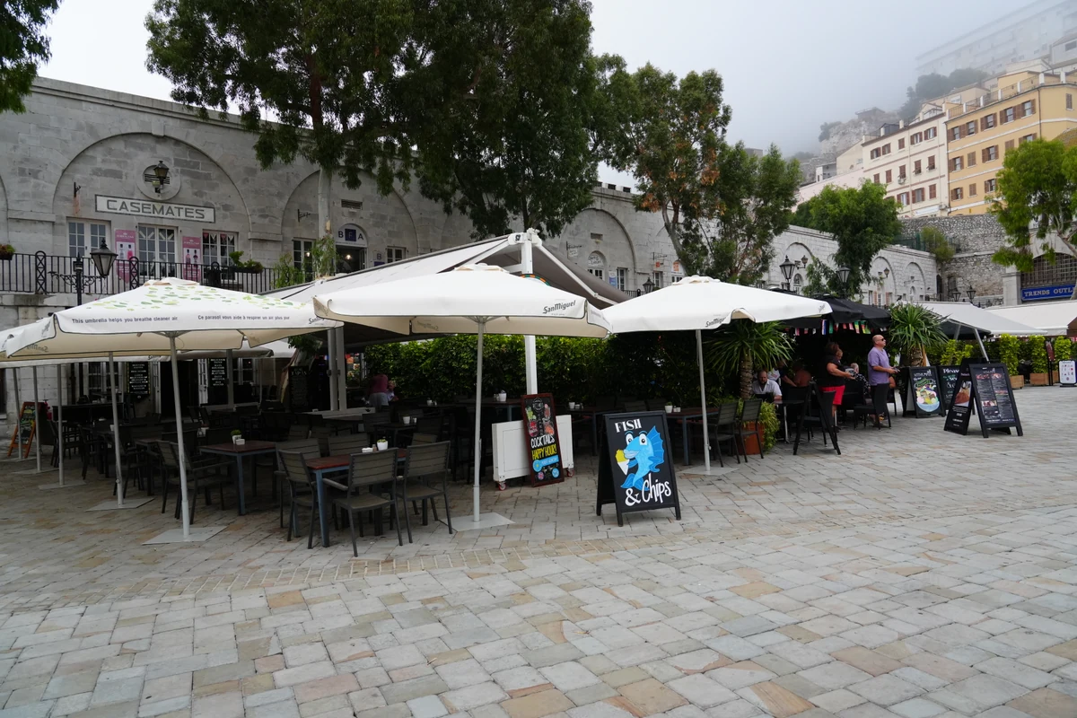 Restaurant terrace with parasols in Casemates Square, Gibraltar