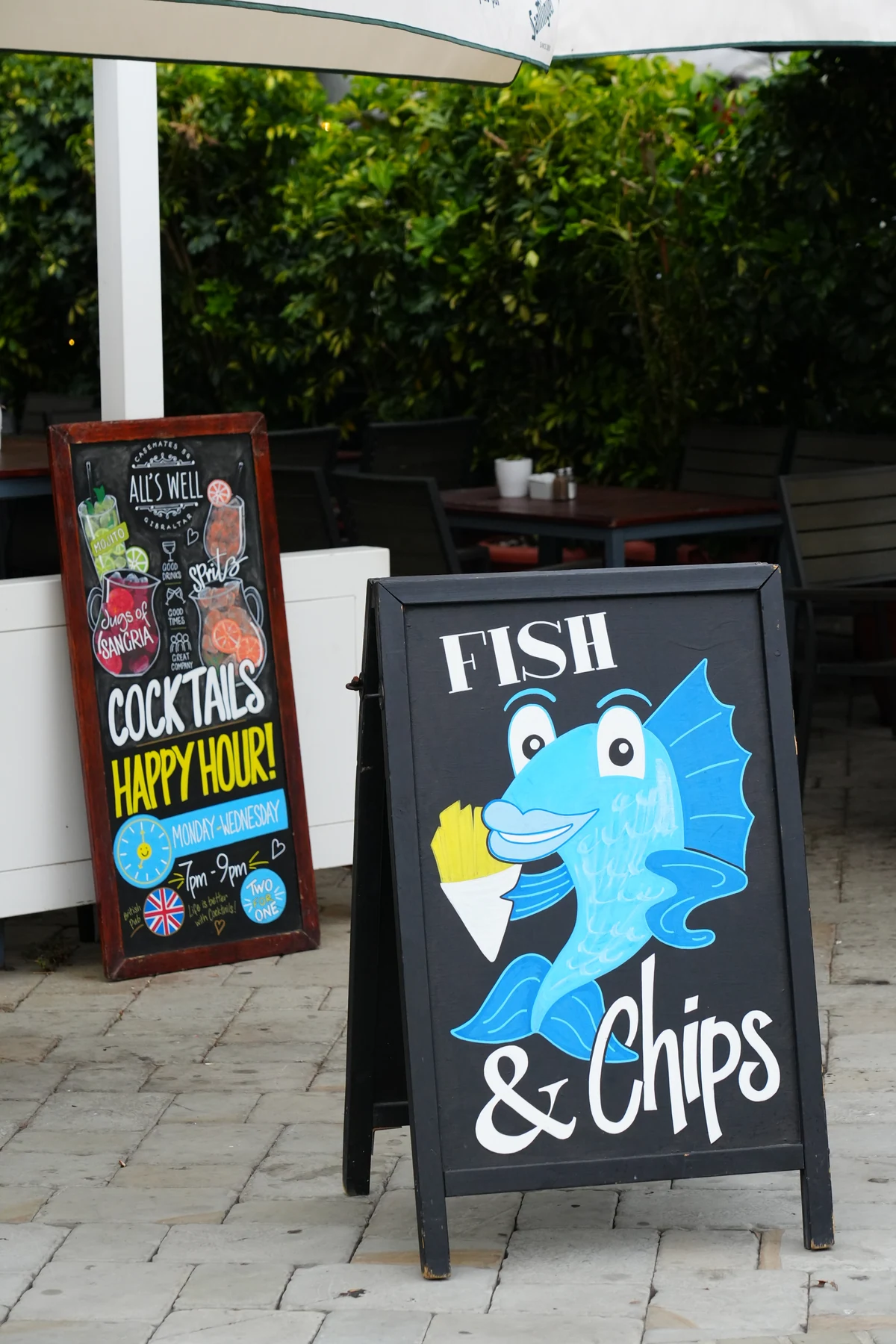 Fish and chips sign outside a restaurant in Gibraltar