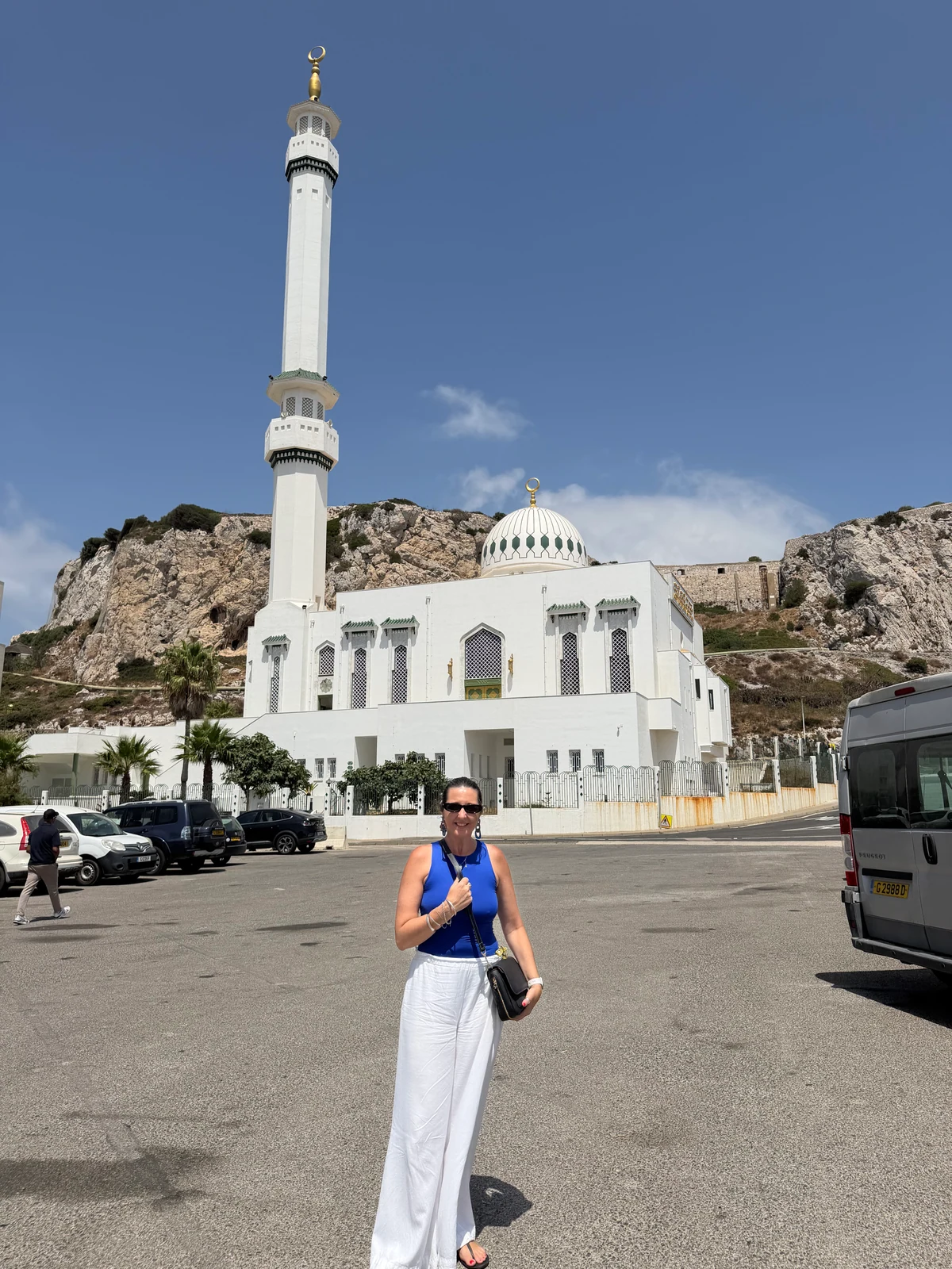 Heidi outside the Ibrahim-al-Ibrahim Mosque in Gibraltar