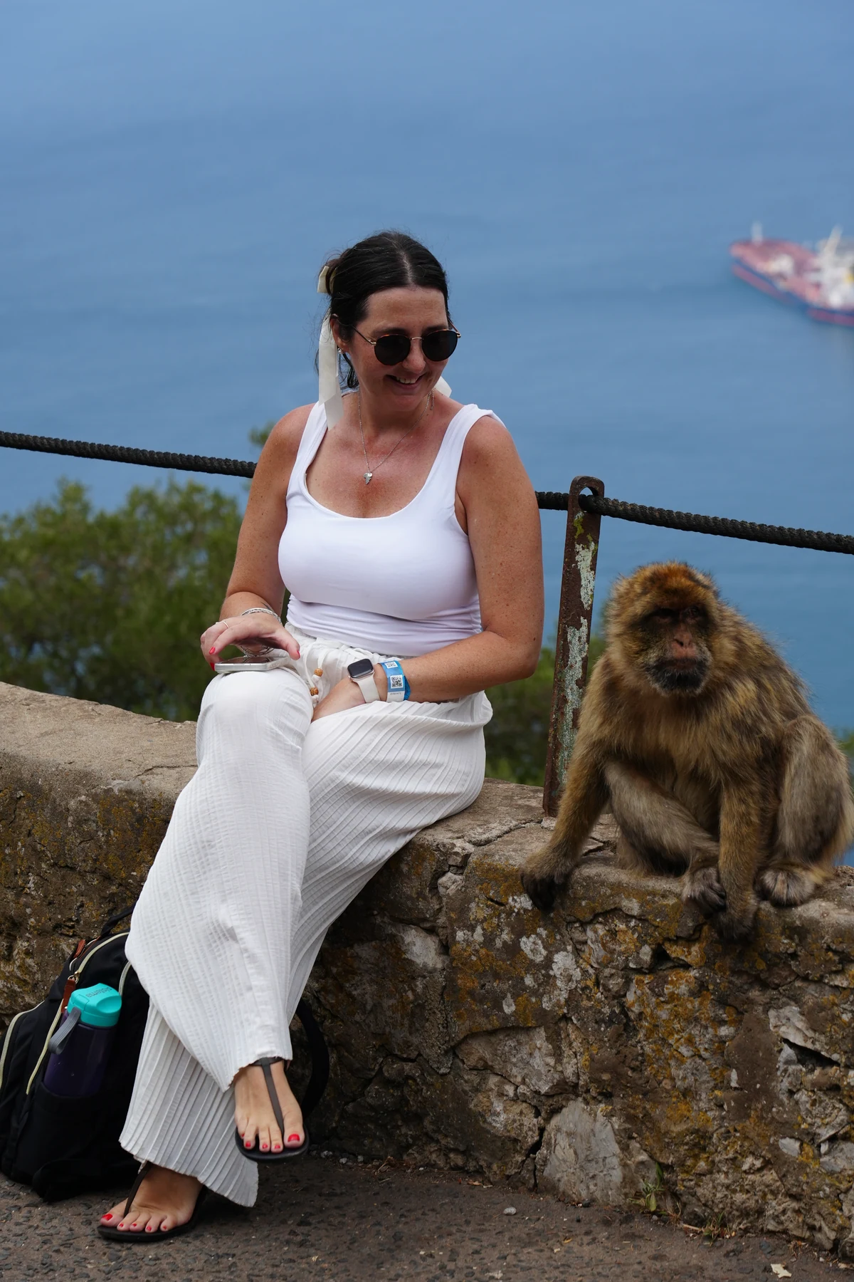 Heidi sitting with a macaque on the stone wall of the Rock of Gibraltar