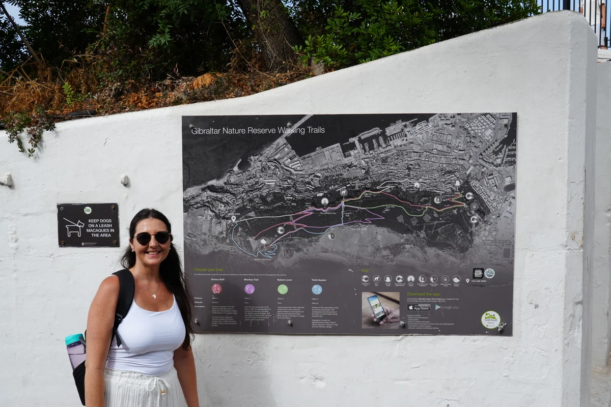 Walking trails map board in the Upper Rock Nature Reserve, Gibraltar