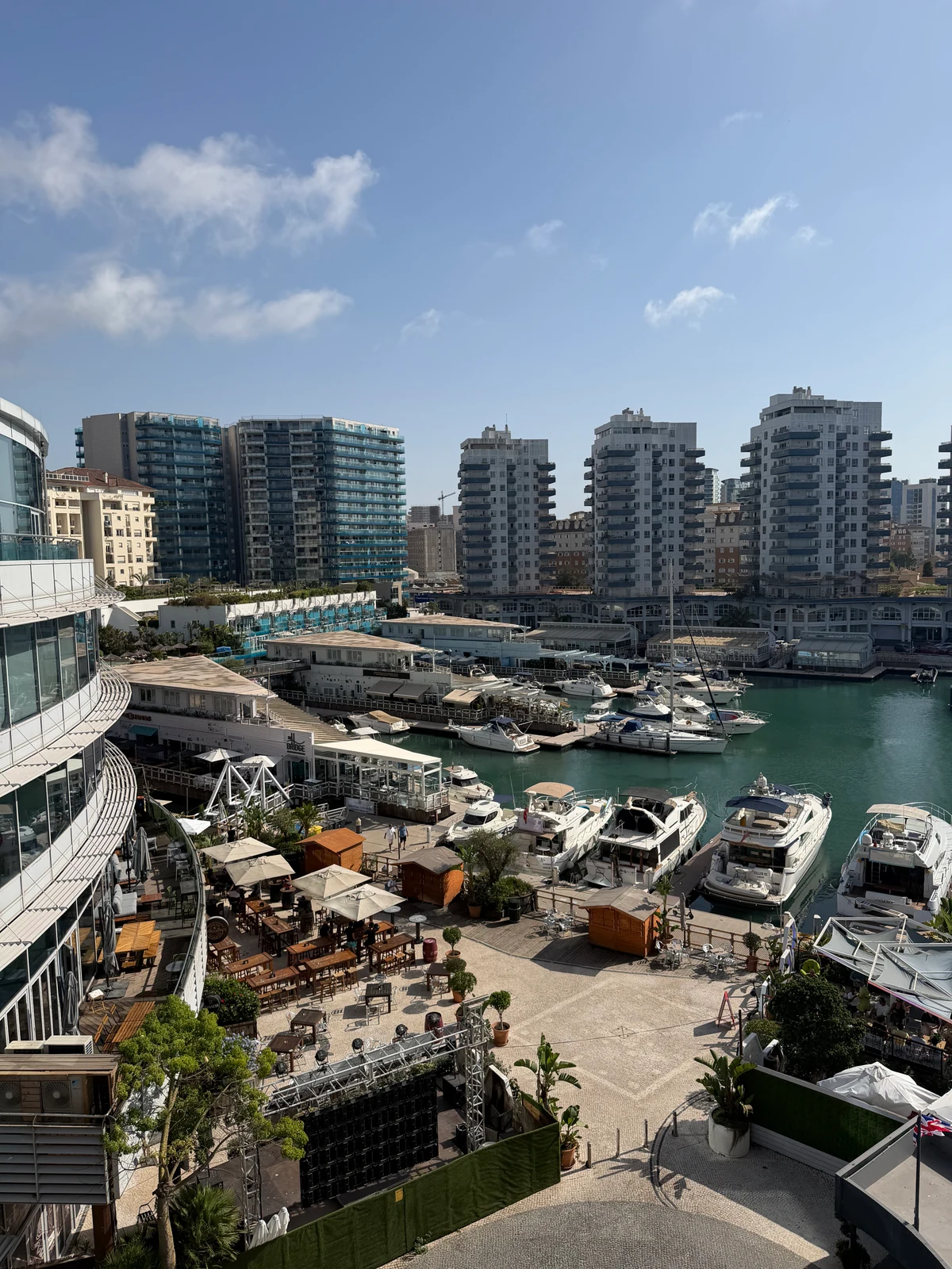 Yachts moored at Ocean Village marina in Gibraltar seen from above