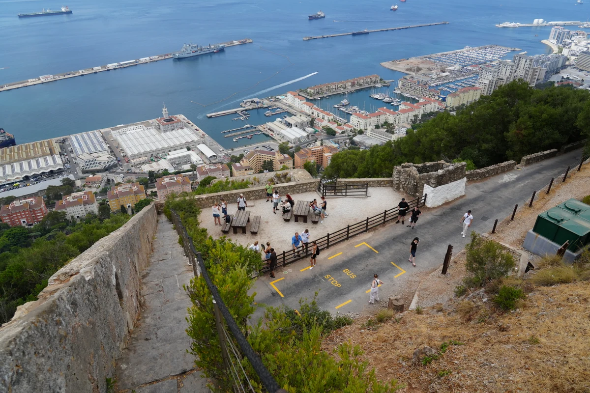 Steps down to a viewpoint terrace above the port and marina in Gibraltar