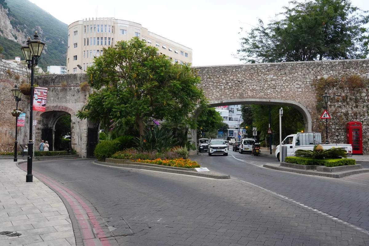 Traffic passing through the Southport Gates arches in Gibraltar