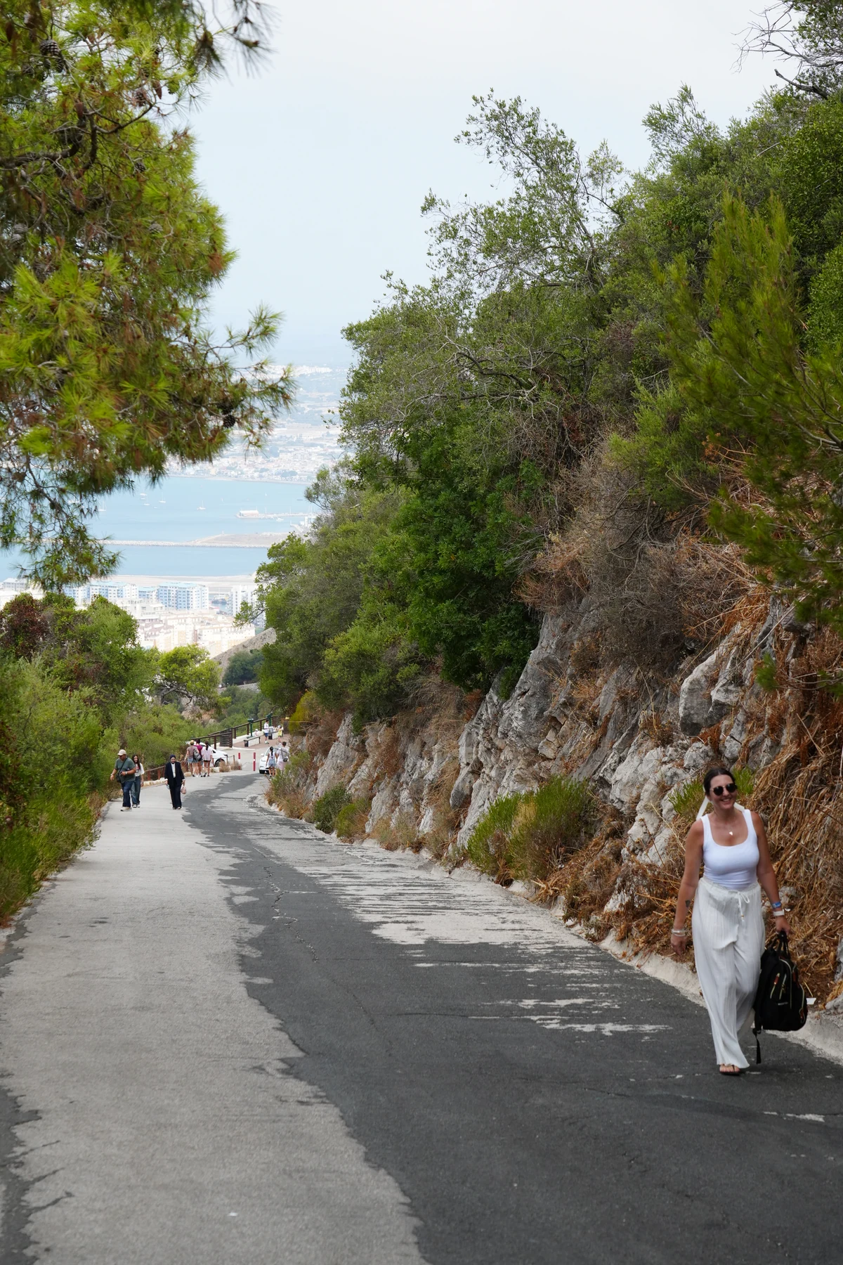 Walkers on the Upper Rock road above the Gibraltar isthmus