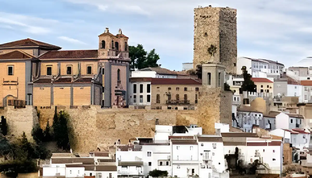 Martos hilltop town with La Peña fortress and olive groves spreading below
