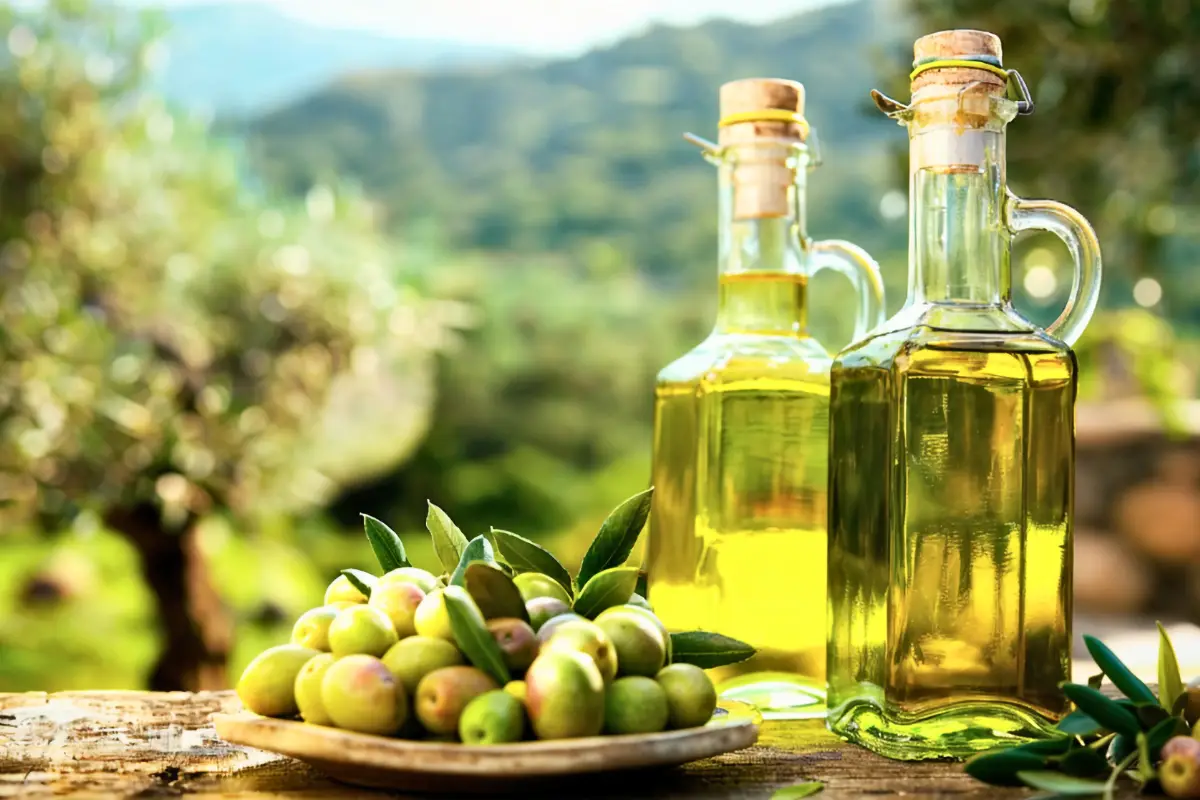 Olive oil bottles alongside fresh green olives from Jaén