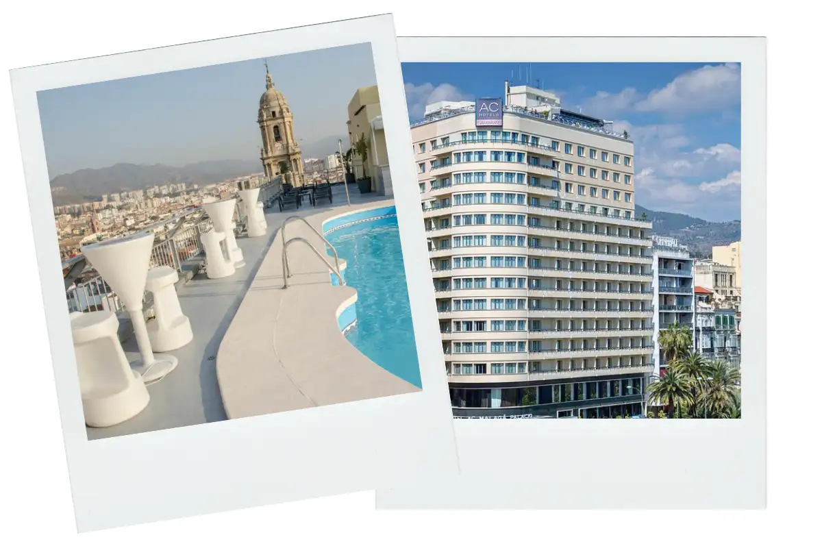 A collage of the rooftop at the AC Malaga Hotel palacio and the front of the building.
