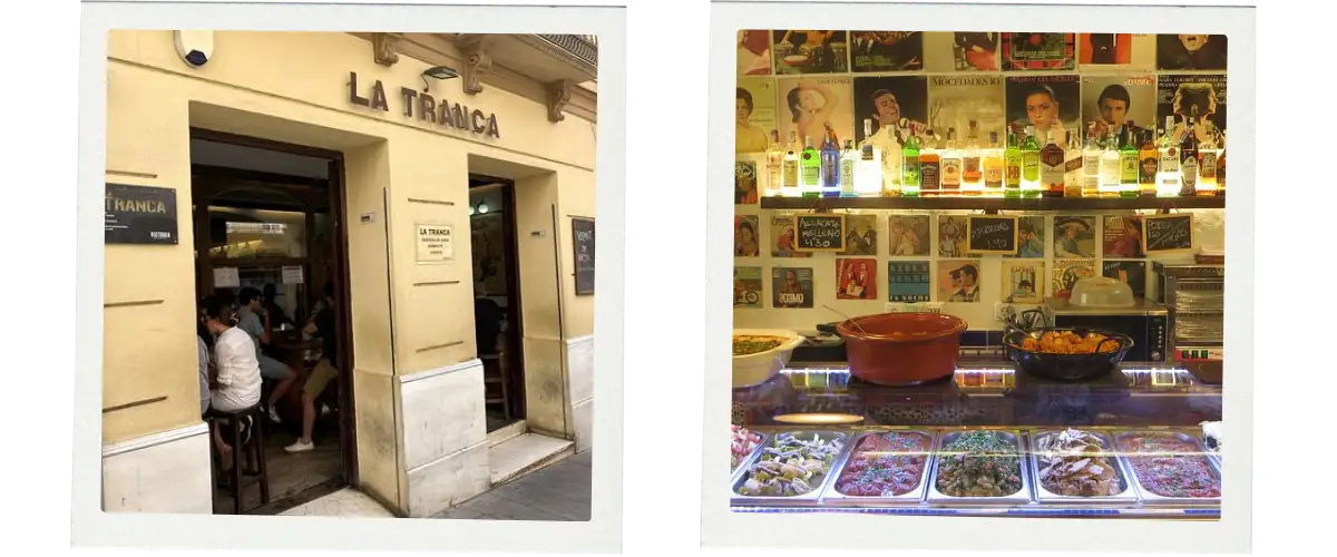 A collage showing the entrance to Bar La Tranca and the interior bar laden with food.