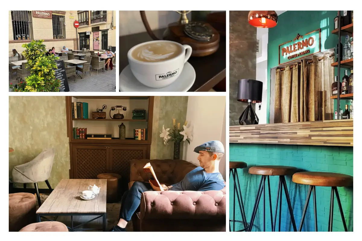A man sitting down reading a book with a coffee on the table.