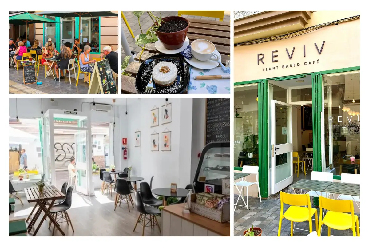 People sitting outside on tables lining the coffee shop Reviv in Malaga.