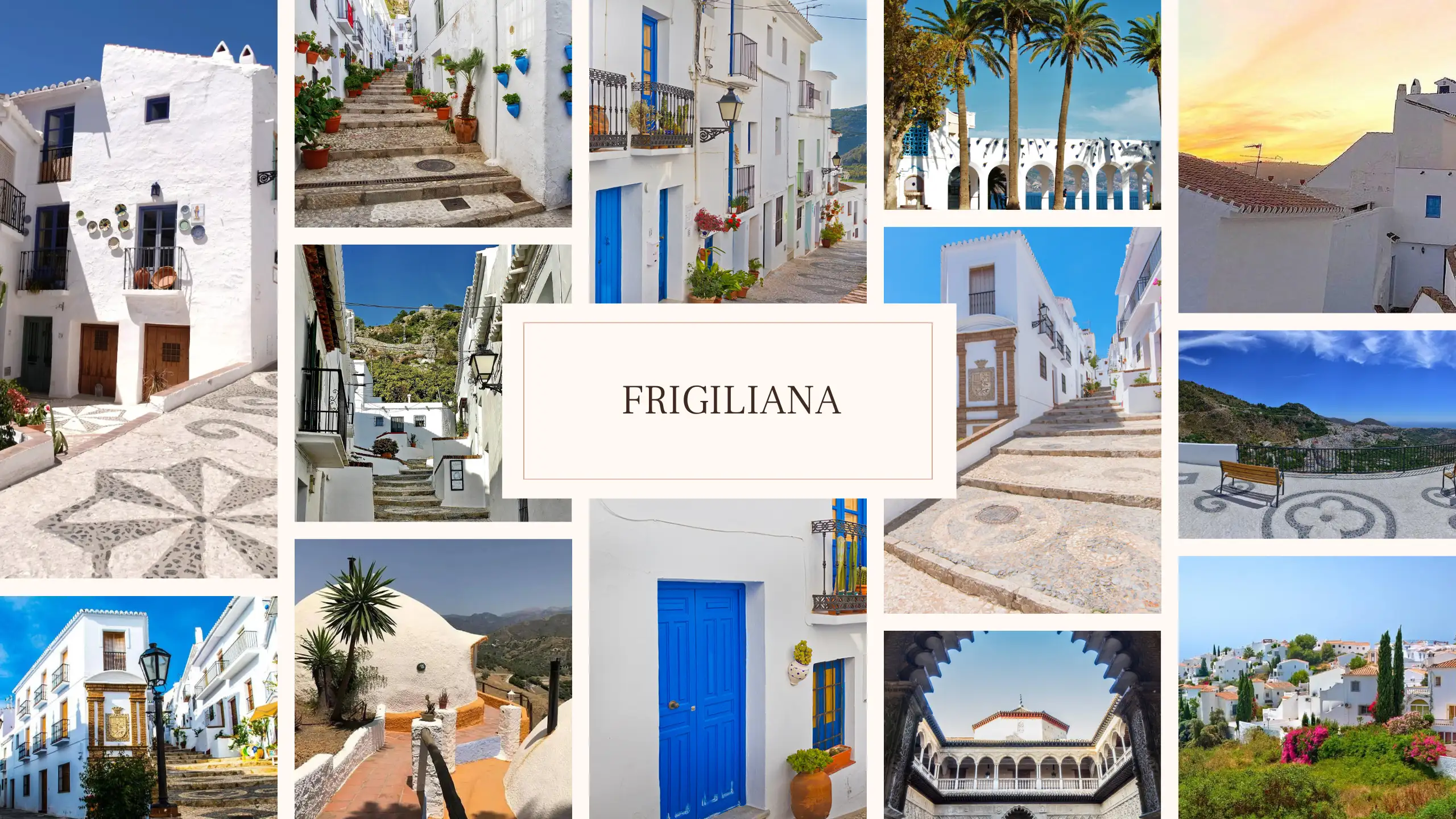A collage of white-washed streets, flowers, blue skies in Firigiliana.