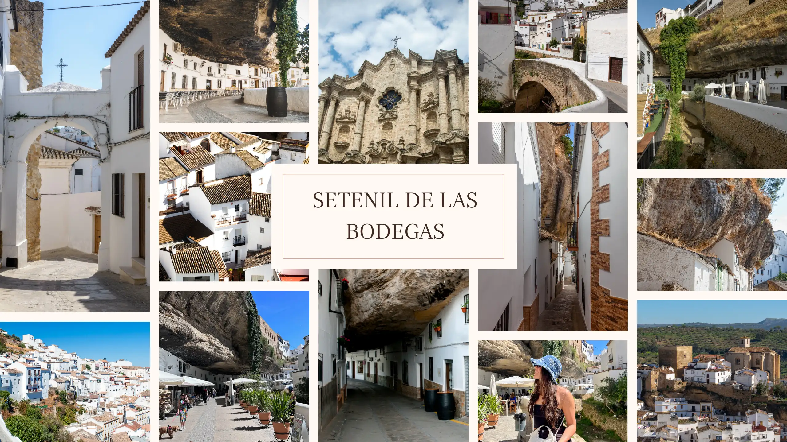 A collage of the cave, city, and whitewashed buildings of Setenil de Las Bodegas near Malaga.