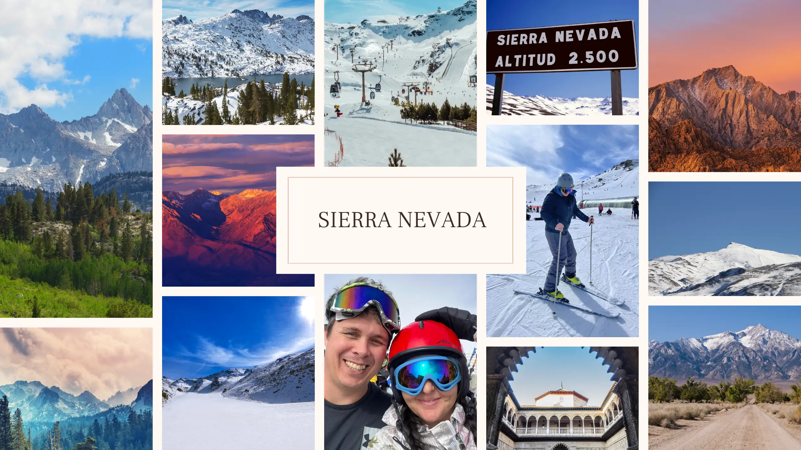 A collage of the snowy Sierra Nevada mountains, the sign, a man and woman smiling, wearing snow glasses.