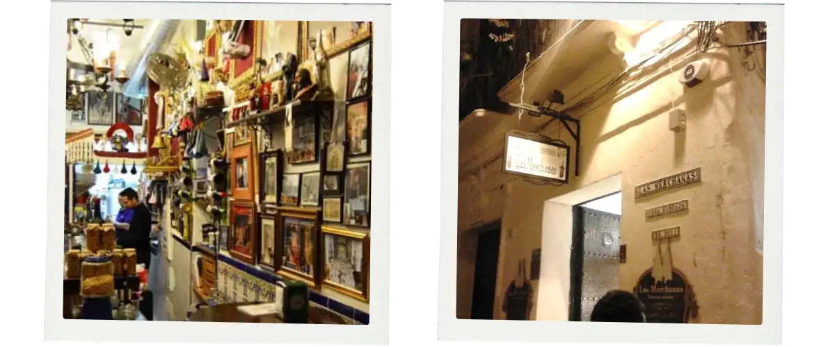 The white entrance to Las Merchanas bar and the interior covered with pictures.