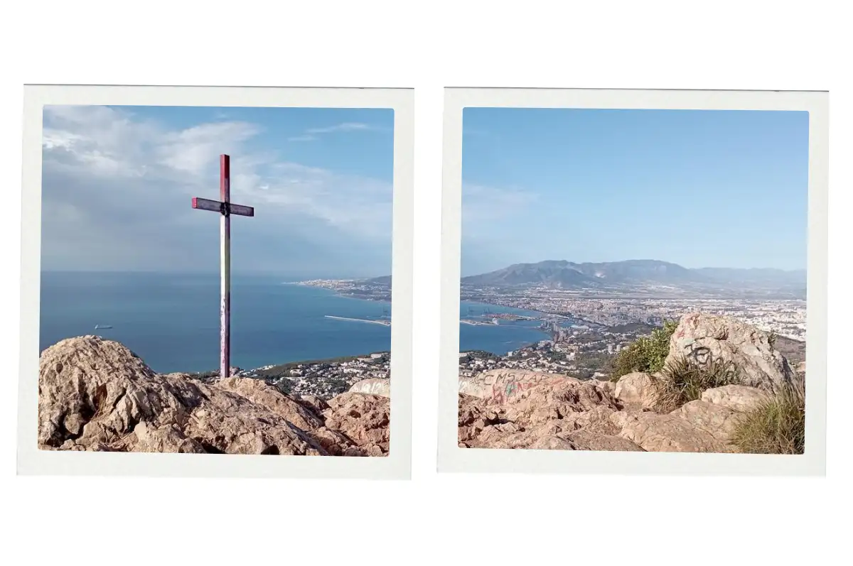 A cross on top of a mountain with the ocean and  Malaga city behind it.