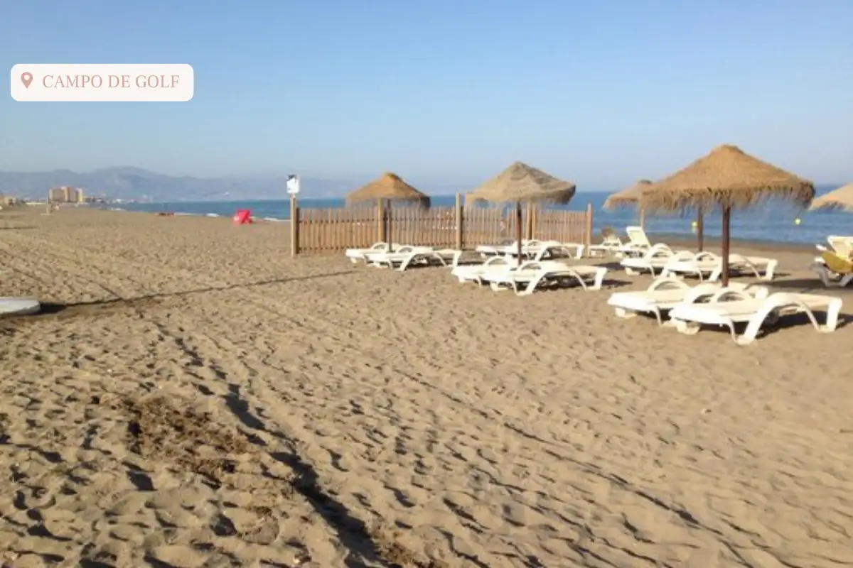 Cabanas lining the golden sand beach  with the ocean behind them at playa campo del golf.