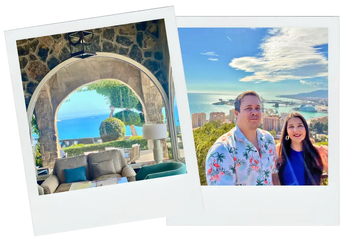 a man and womane posing for a selfie with the malaga harbour in the background.